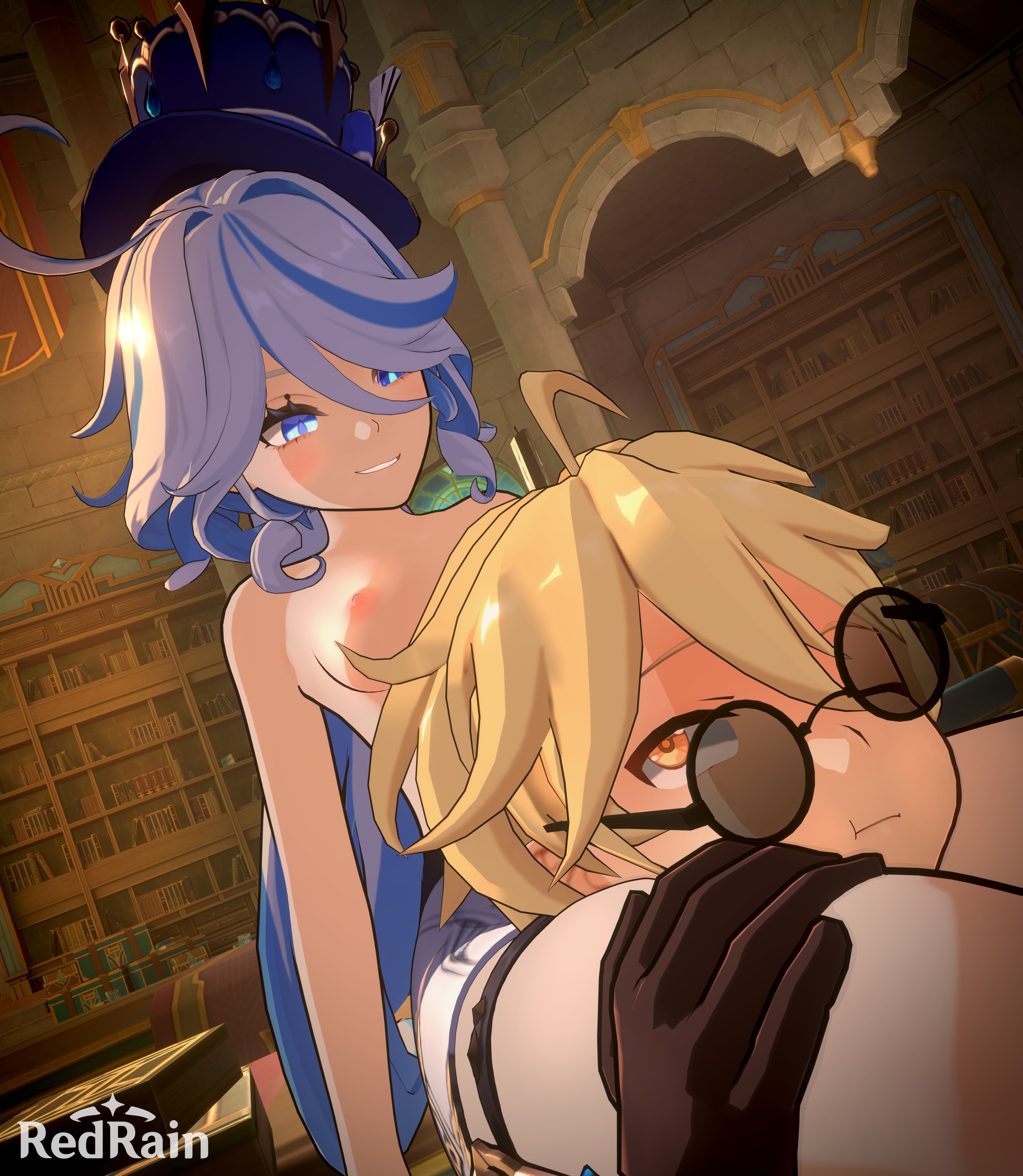 ...glasses, gloves, head_between_thighs, headscissor, koikatsu, long_hair, ...